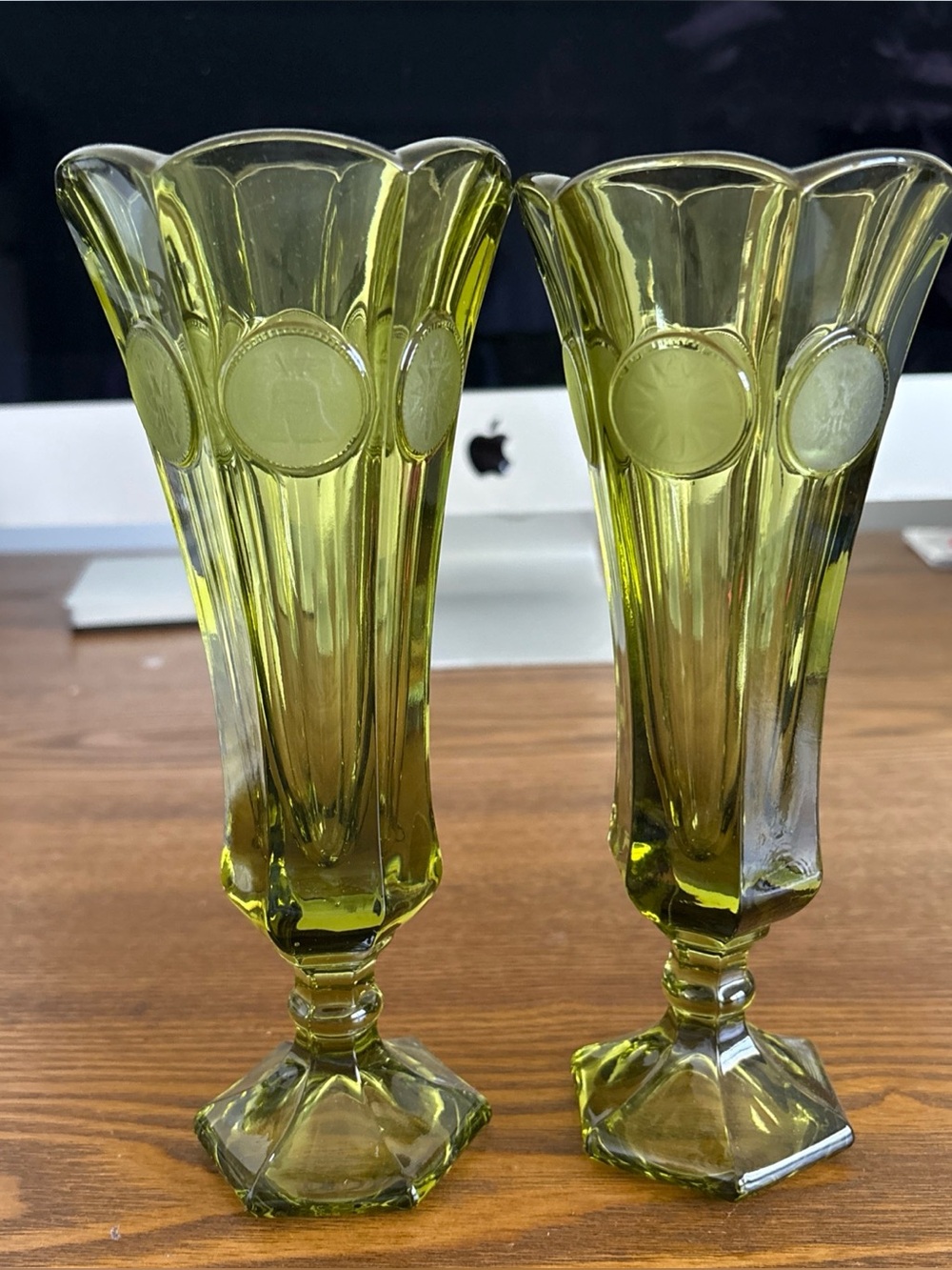 2 Vintage 1970's FOSTORIA Avocado Olive Green COIN GLASS BUD VASE ~ 8" Heavy